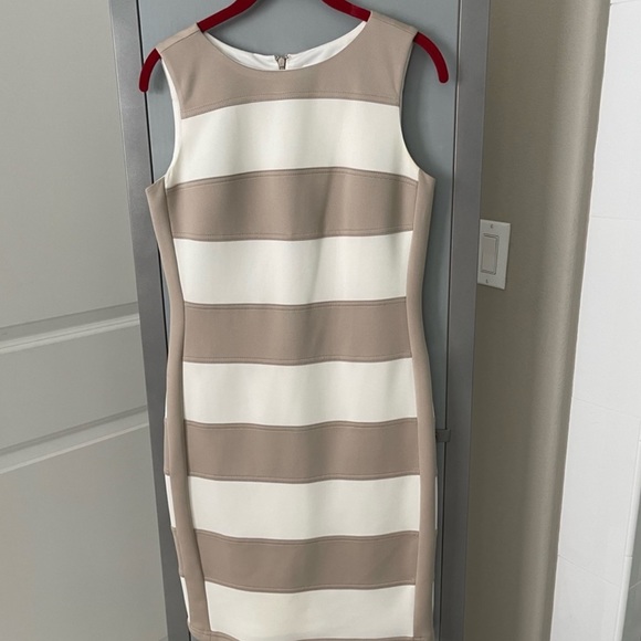 Calvin Klein Cream and Taupe Scuba Color Block Knee Dress - Picture 2 of 10